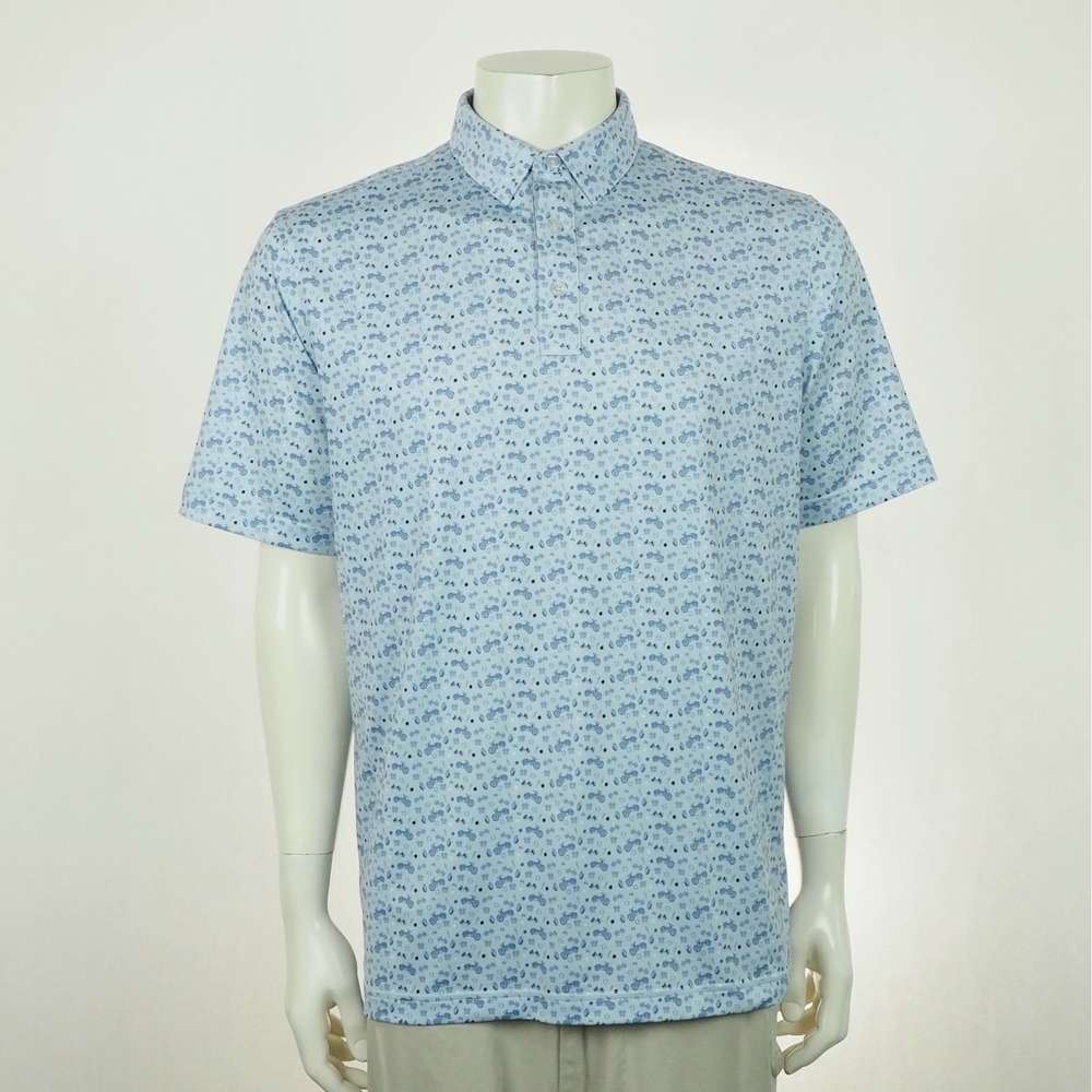New Straight Down Golf Polo Shirt Mens Medium Blue Motorcycle Racing AOP Print